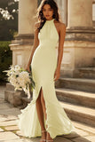 Dusty Sage Sheath Chiffon Halter Long Bridesmaid Dress with Slit