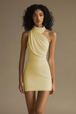 White Sleeveless High Neck Ruched Bodycon Short Homecoming Dress