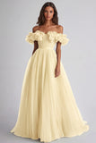 A Line Dusty Sage Off the Shoulder Long Wedding Guest Dress with Ruffles