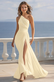Ivory Ruched One Shoulder Beach Maxi Engagement Dress with Slit