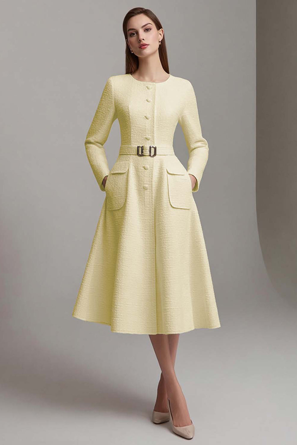 Ivory Tweed A Line Boat Neck Midi Homecoming Outfits with Belts