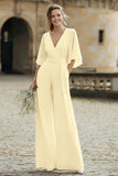 Ivory V-Neck Half Sleeves Long Wedding Jumpsuits with Pockets