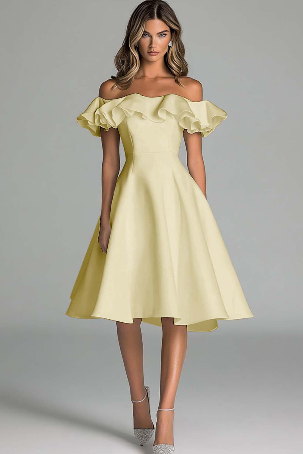 A Line White Satin Off the Shoulder Short Graduation Dress with Ruffles