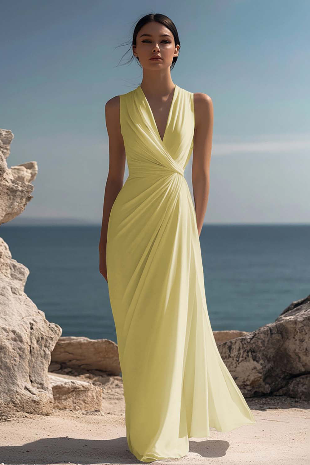 ZAPAKASA Women White Chiffon Sheath Long Rehearsal Dinner Dress V-Neck Ruched Sleeveless Engagement Dress ZAPAKASA Women White Chiffon Sheath Long Rehearsal Dinner Dress V-Neck Ruched Sleeveless Engagement Dress