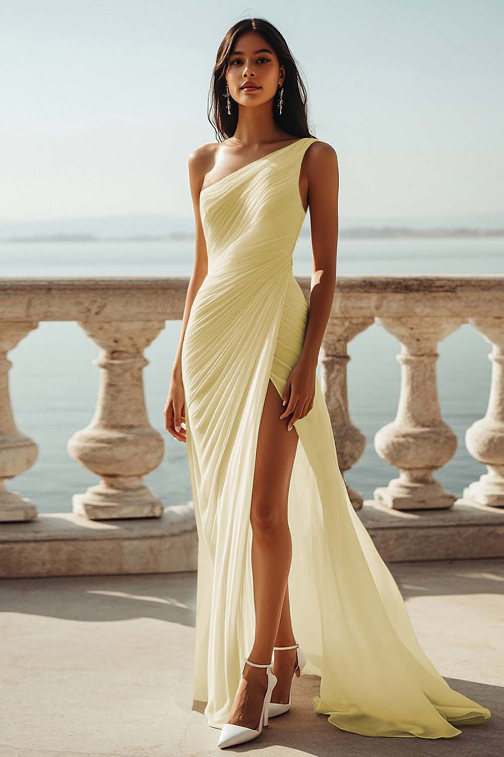 Ivory Chiffon One Shoulder Beach Maxi Engagement Dress with Slit