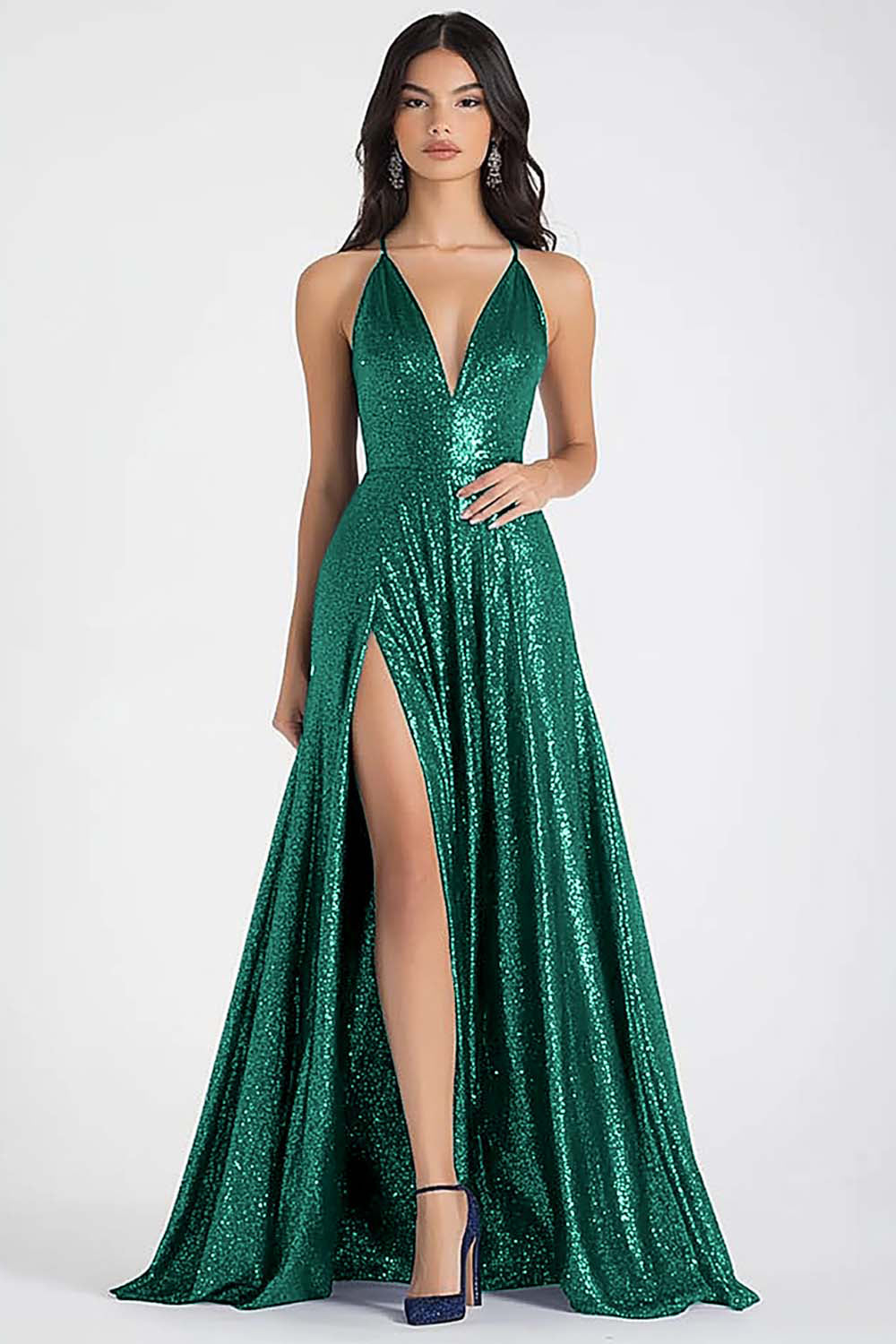 Sparkly Navy A Line Sequins Ruched Long Prom Dress with Slit