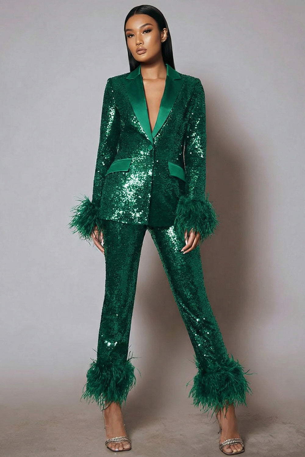 Sparkly 2 Piece Black Sequins Women Prom Suits with Feathers