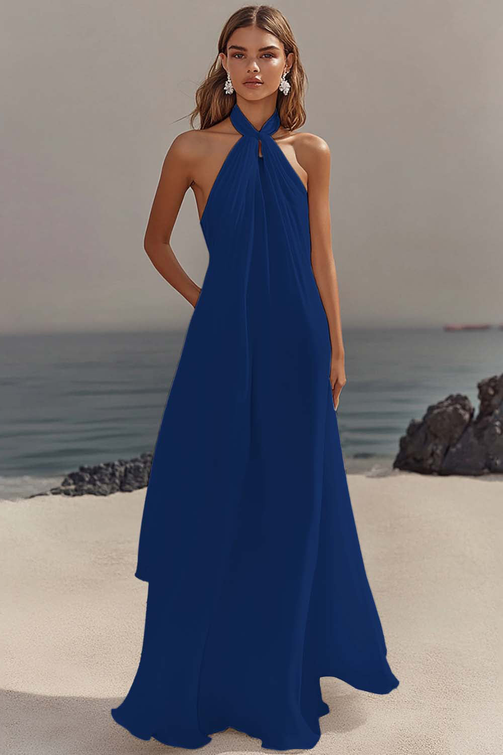 White Halter Neck A Line Long Chiffon Rehearsal Dinner Dress