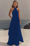 White Halter Neck A Line Long Chiffon Rehearsal Dinner Dress