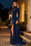 Navy Velvet High Neck Long Sleeves Holiday Party Dress with Slit