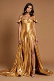 Sparkly Golden A Line Metallic Off the Shoulder Long Prom Dress with Slit