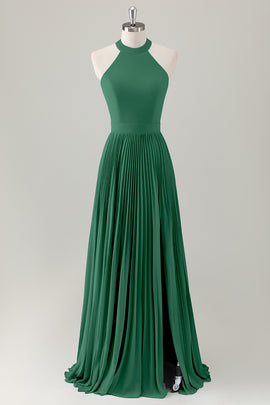 Dark Green A-Line Halter Long Bridesmaid Dress with Slit