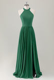 Dark Green A-Line Halter Long Bridesmaid Dress with Slit