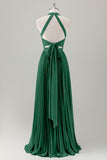 Dark Green A-Line Halter Long Bridesmaid Dress with Slit
