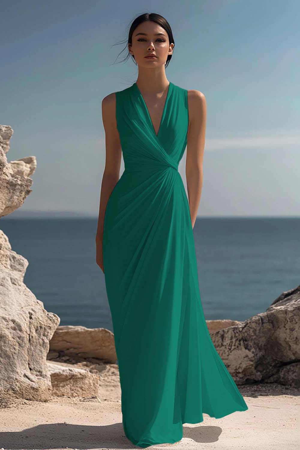 ZAPAKASA Women White Chiffon Sheath Long Rehearsal Dinner Dress V-Neck Ruched Sleeveless Engagement Dress ZAPAKASA Women White Chiffon Sheath Long Rehearsal Dinner Dress V-Neck Ruched Sleeveless Engagement Dress