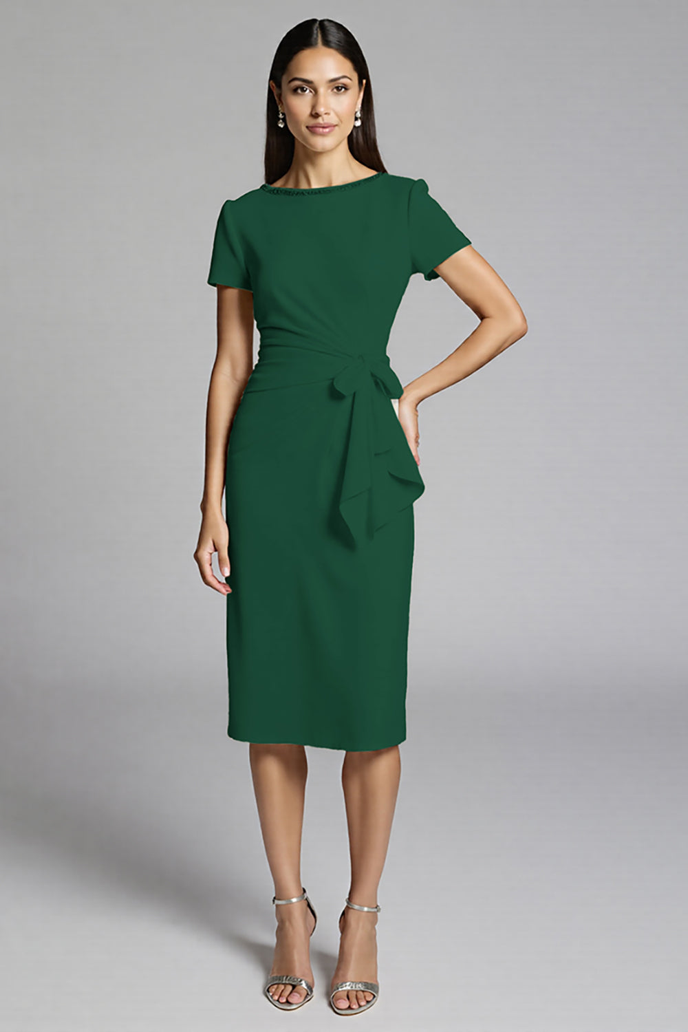 Beige Bodycon Midi Satin Work Dress with Short Sleeves
