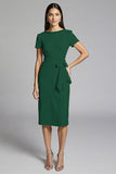 Beige Bodycon Midi Satin Work Dress with Short Sleeves