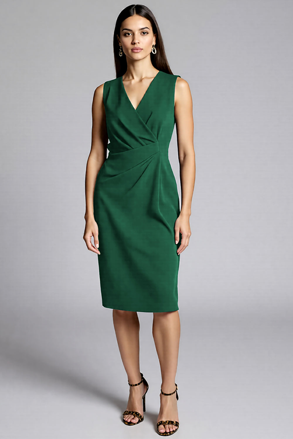 Navy Satin V-Neck Midi Bodycon Work Dress