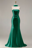 Sparkly Champagne Mermaid Neck Scarf Long Prom Dress with Beading