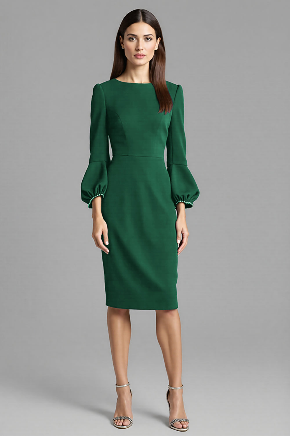 Navy Satin Bodycon Midi Bateau Neck Work Dress with Long Sleeves