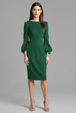 Navy Satin Bodycon Midi Bateau Neck Work Dress with Long Sleeves