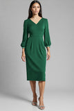 Royal Blue Satin Bodycon Midi V-Neck Work Dress with Sleeves