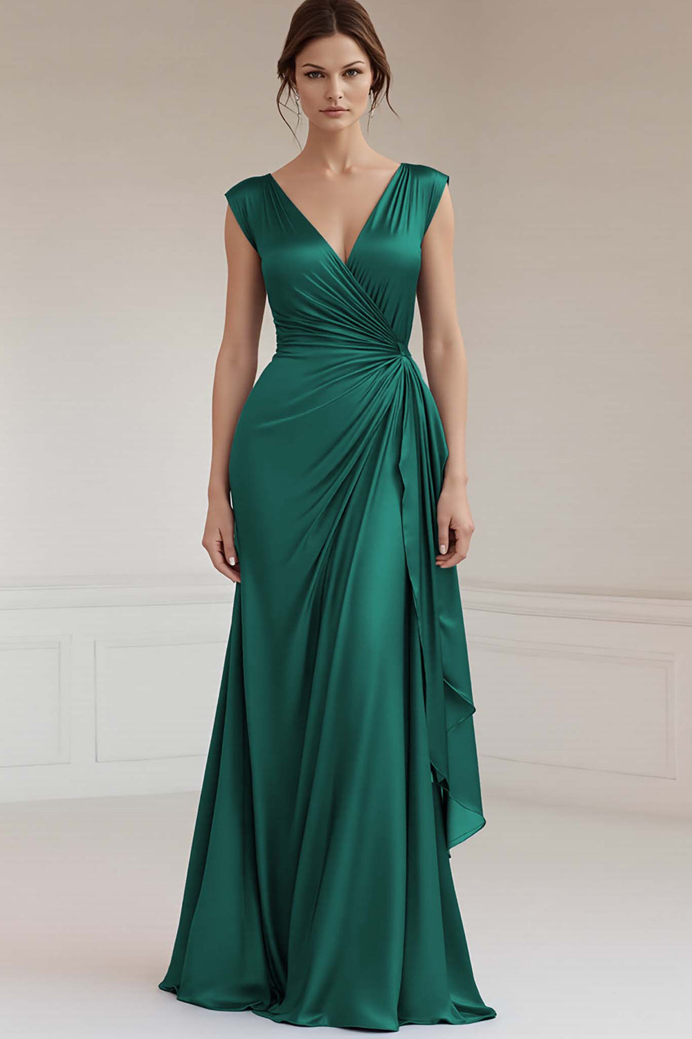 Grey Blue V-Neck Sheath Long Ruched Formal Dress with Ruffles