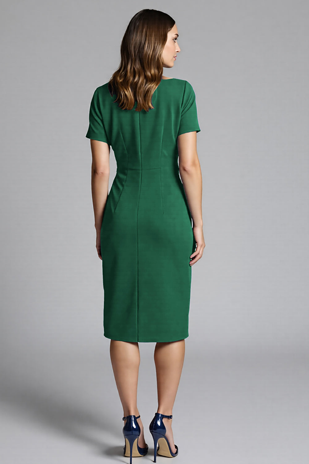 Navy Bodycon Ruched Midi Satin Work Dress with Short Sleeves
