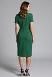 Navy Bodycon Ruched Midi Satin Work Dress with Short Sleeves