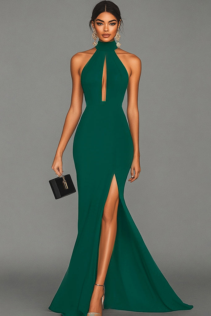 Zapakasa Women Black Tie Formal Dress With Slit Mermaid Halter Neck