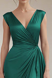 Grey Blue V-Neck Sheath Long Ruched Formal Dress with Ruffles