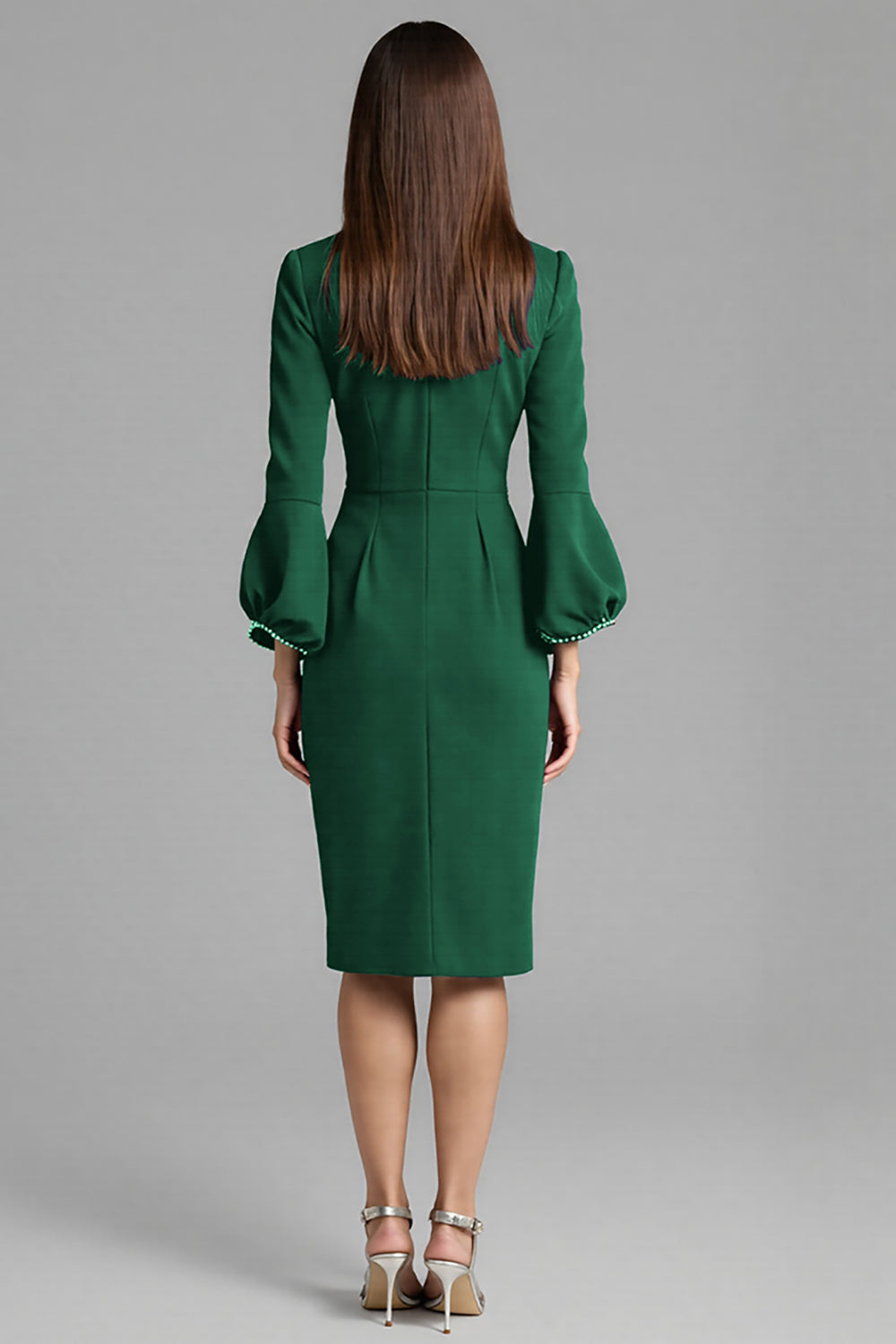 Royal Blue Satin Bodycon Bateau Neck Midi Work Dress with Sleeves