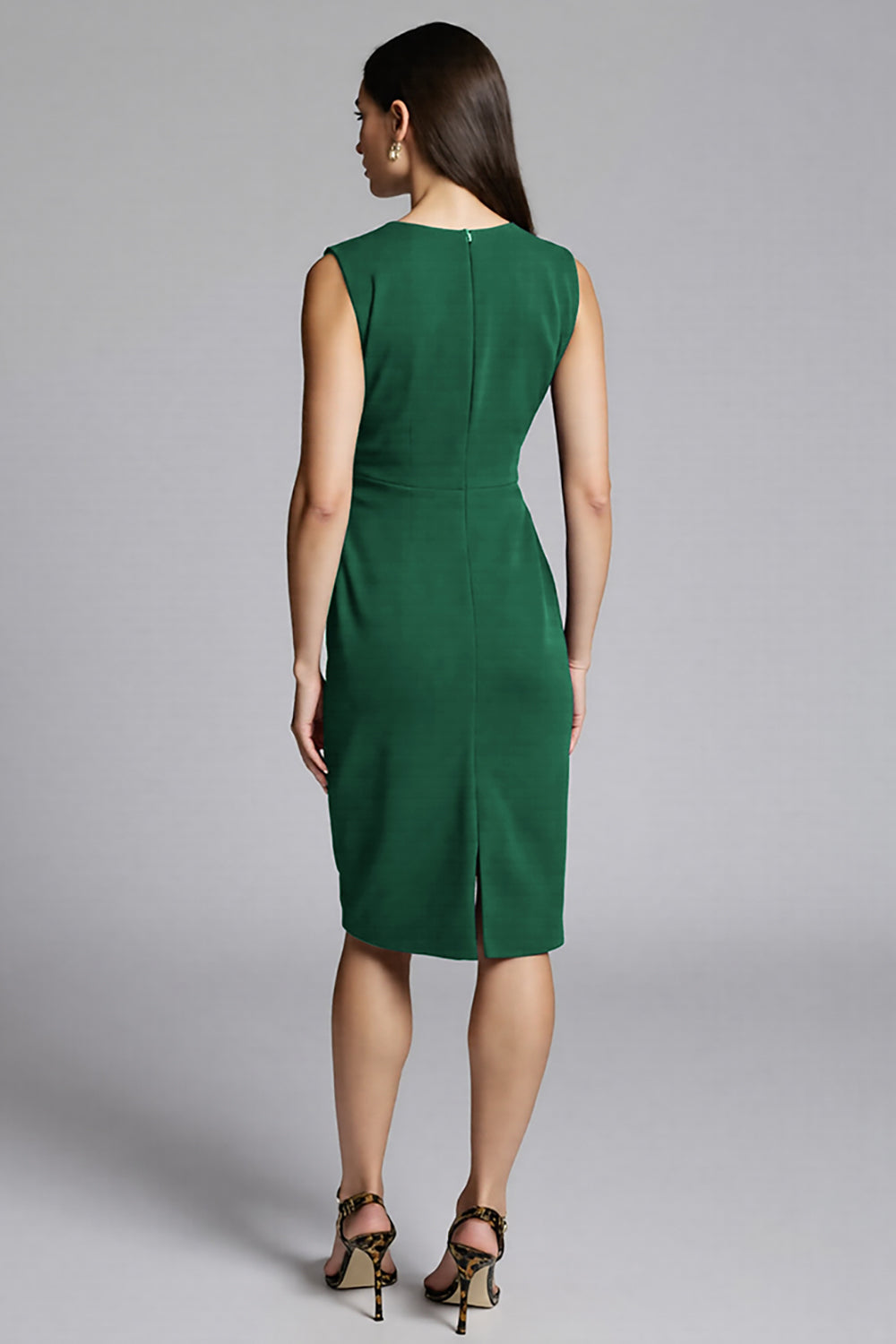 Navy Satin V-Neck Midi Bodycon Work Dress