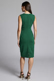 Navy Satin V-Neck Midi Bodycon Work Dress