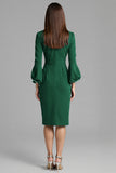 Navy Satin Bodycon Midi Bateau Neck Work Dress with Long Sleeves