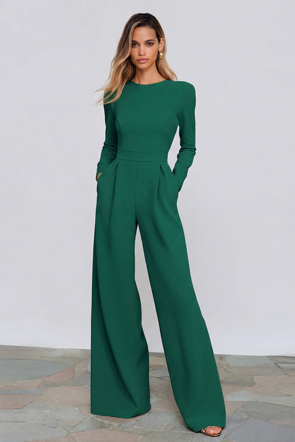 Black Round Neck Satin Long Sleeves Formal Jumpsuits