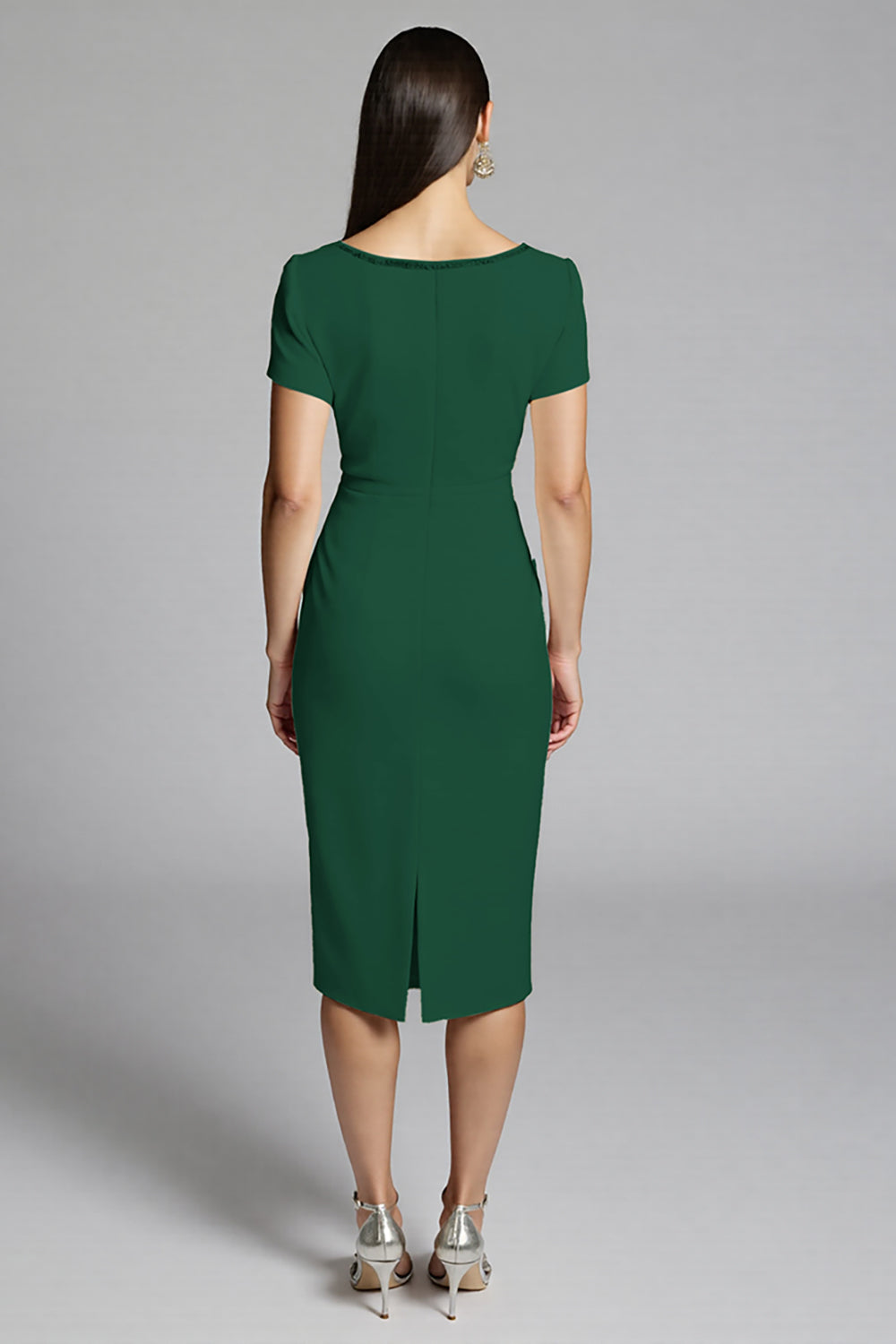 Beige Bodycon Midi Satin Work Dress with Short Sleeves