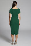 Beige Bodycon Midi Satin Work Dress with Short Sleeves