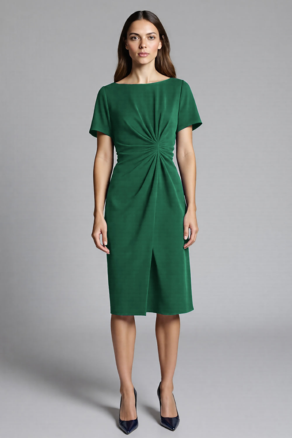 Navy Bodycon Ruched Midi Satin Work Dress with Short Sleeves