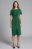 Navy Bodycon Ruched Midi Satin Work Dress with Short Sleeves