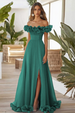 Dark Navy A Line Off the Shoulder Long Formal Dress with Slit