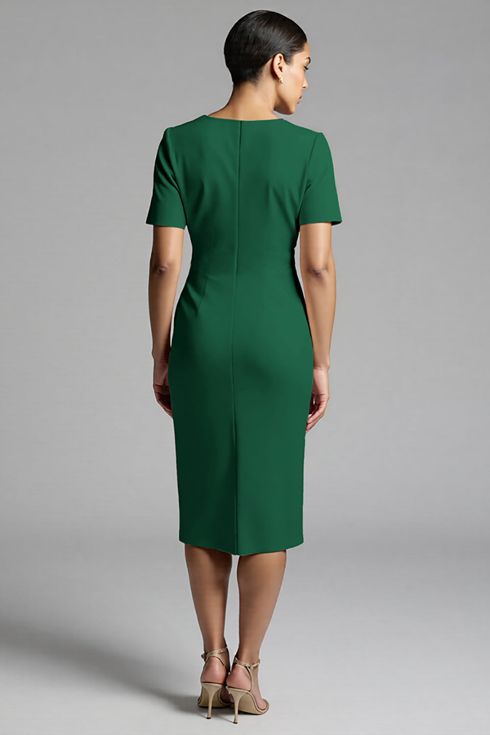 Champagne Bodycon V-Neck Midi Satin Work Dress with Short Sleeves