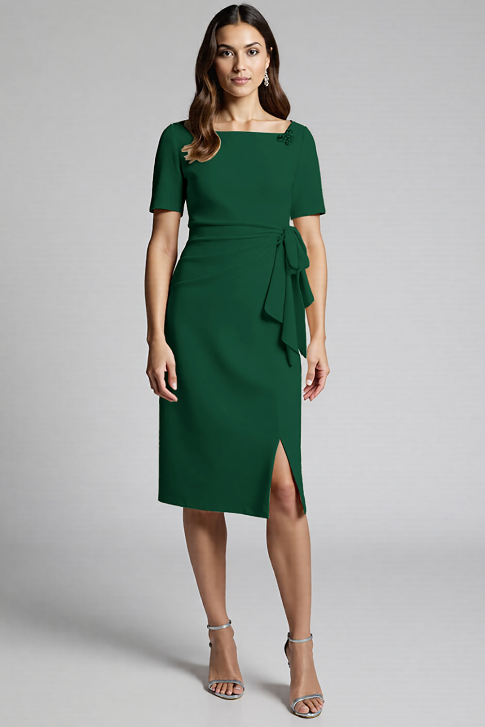 Champagne Bodycon Ruffled Midi Satin Work Dress with Short Sleeves