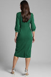 Navy Satin V-Neck Bodycon Midi Work Dress with Long Sleeves