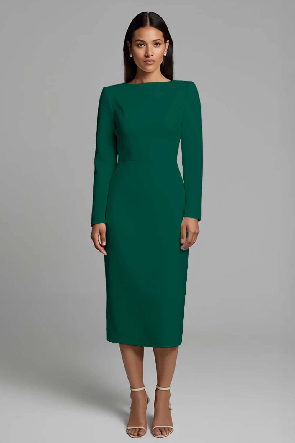 Simple Ivory Pencil Bateau Neck Midi Work Dress with Sleeves