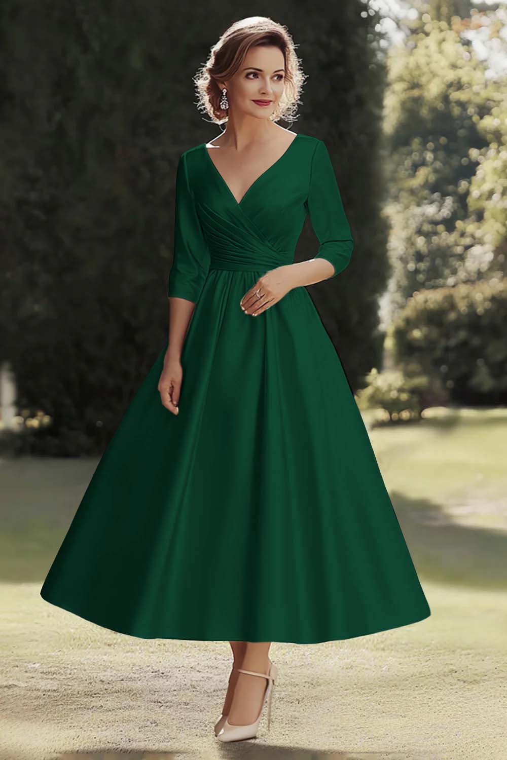 Champagne A Line Satin Half Sleeves Long Mother of the Bride Dress