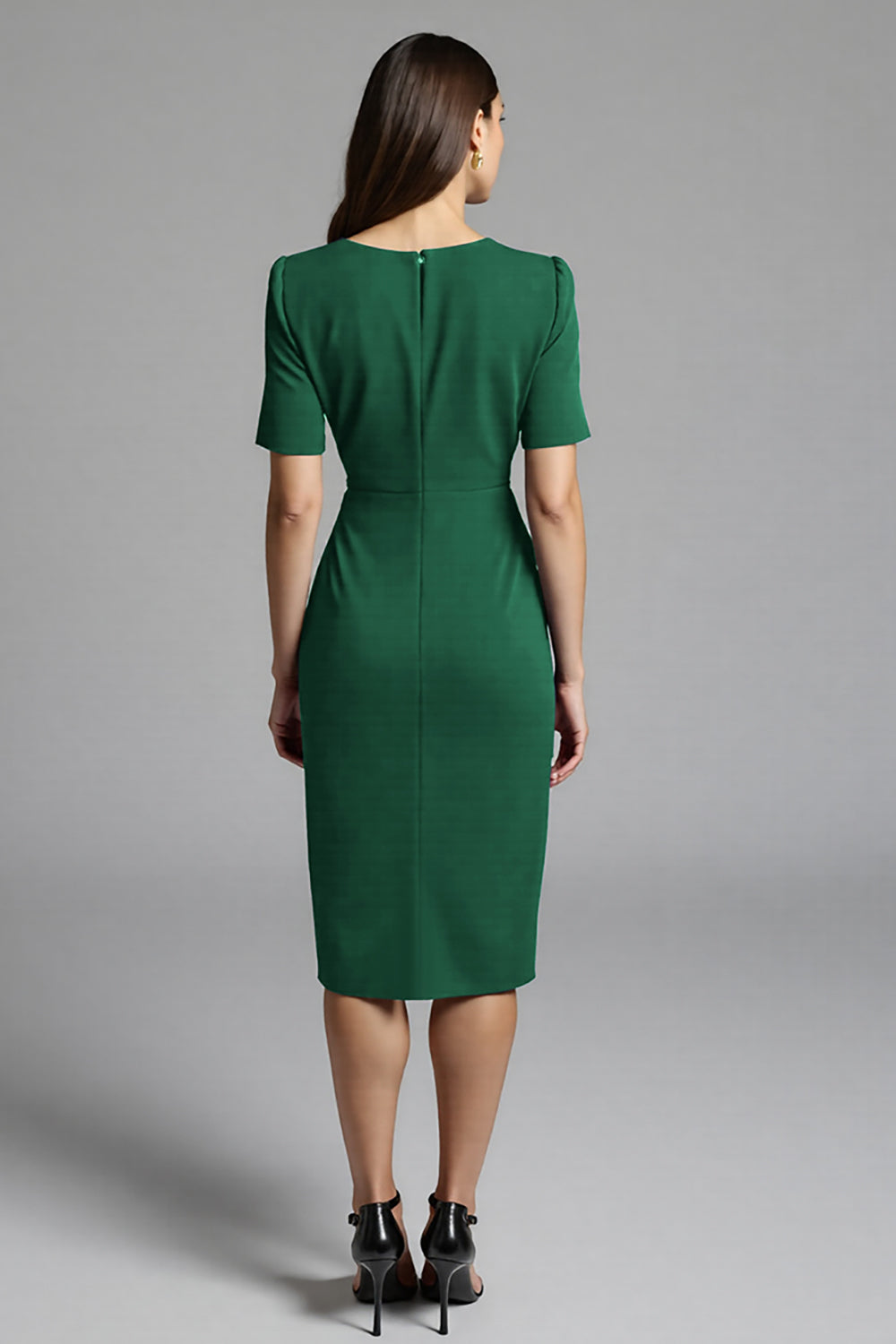 Navy Bodycon V-Neck Midi Satin Work Dress with Short Sleeves