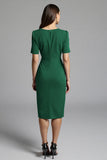 Navy Bodycon V-Neck Midi Satin Work Dress with Short Sleeves