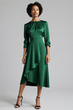 Royal Blue Satin Midi A Line Work Dress with Sleeves