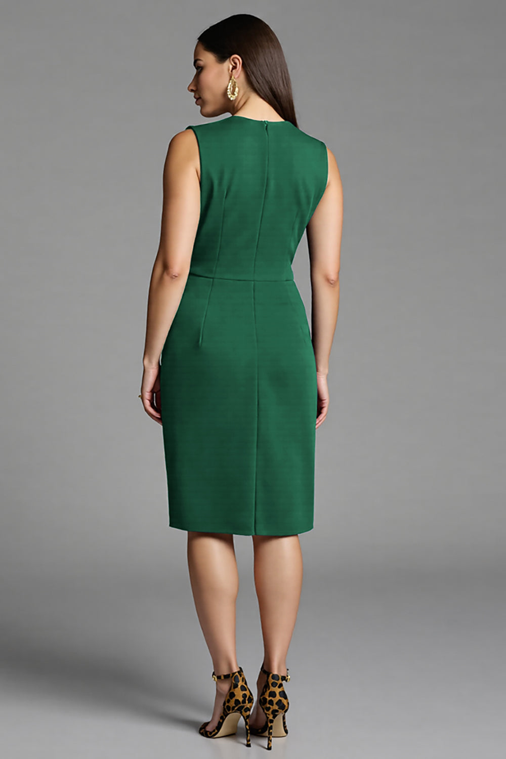 Navy Bodycon Satin V-Neck Ruched Midi Work Dress with Ruffles